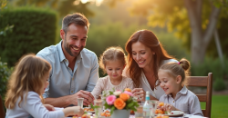 Famille heureuse dans le jardin pour anniversaire de mariage