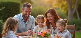 Famille heureuse dans le jardin pour anniversaire de mariage