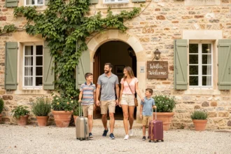 Famille avec valises arrivant devant un hôtel en pierre de style provençal en France pour des vacances en 2026