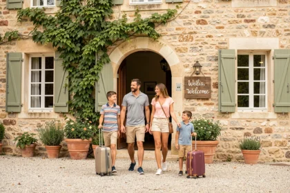 Famille avec valises arrivant devant un hôtel en pierre de style provençal en France pour des vacances en 2026
