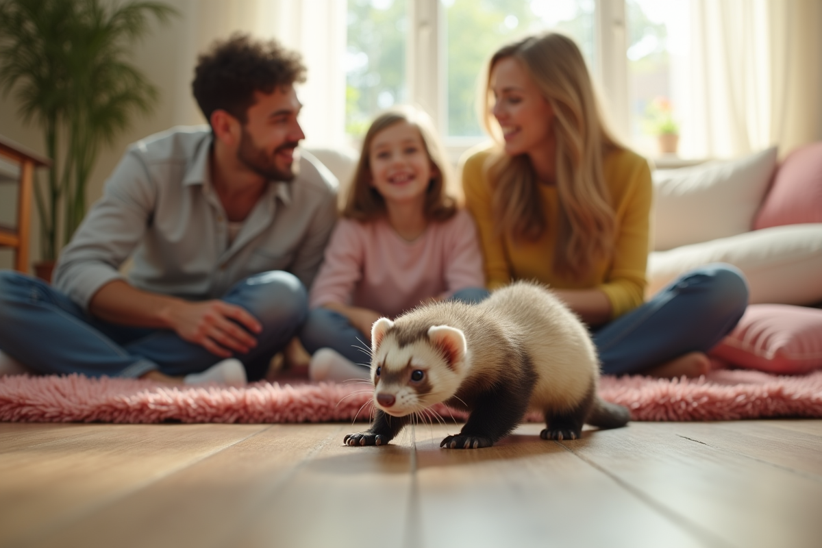 Famille souriante regardant un furet joueur dans le salon