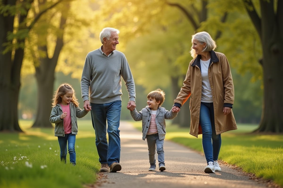 Famille marchant main dans la main dans un parc verdoyant
