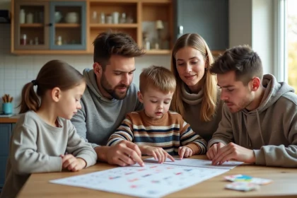 Famille de quatre planifiant un voyage autour d'un calendrier