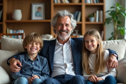 Homme d'âge moyen avec enfants dans un salon chaleureux