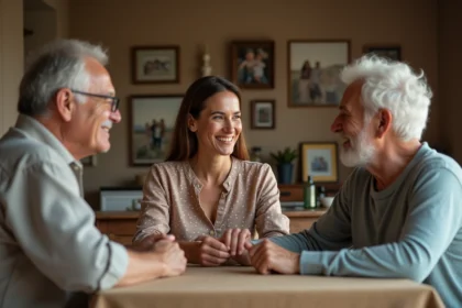 Femme méditerranéenne souriante avec famille à table