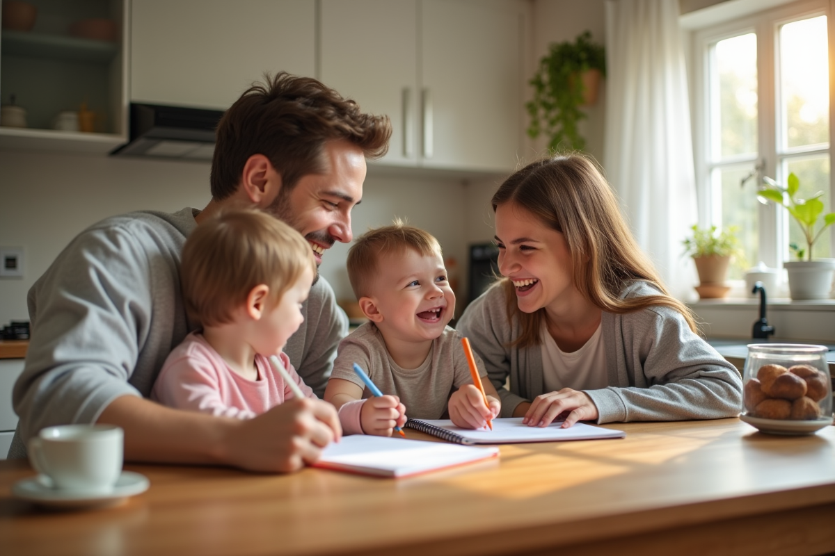 Famille heureuse discutant des prénoms avec la lettre H au matin