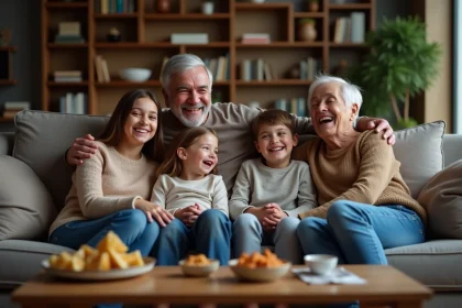 Famille multigenerational réunie dans le salon pour regarder un film