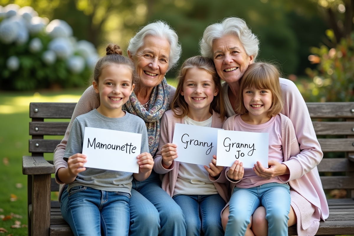Groupe familial de grands-mères et petits-enfants dans le jardin ensoleille