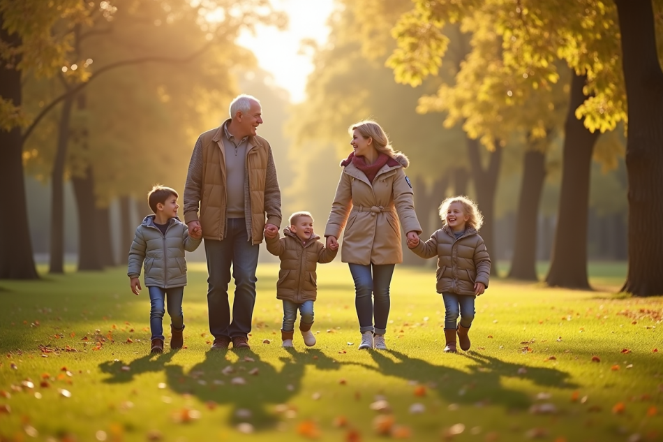 Couple d'âge moyen marchant avec leurs enfants dans un parc ensoleille