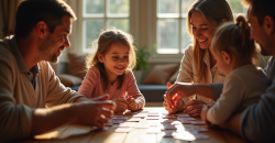 Famille jouant au rummy autour d'une table lumineuse
