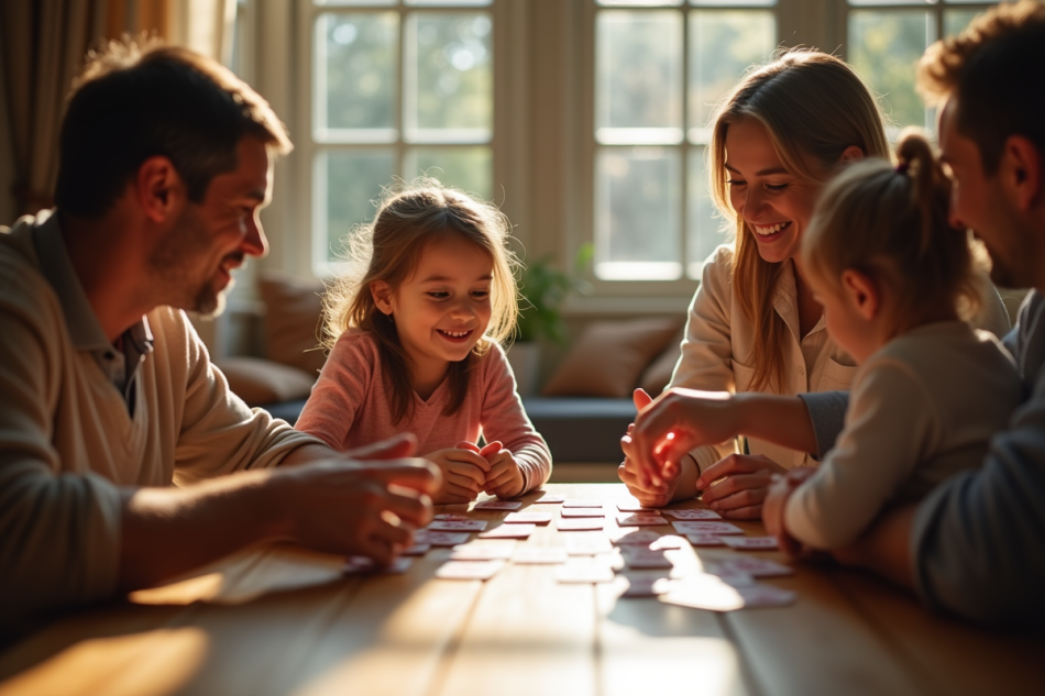 Famille jouant au rummy autour d'une table lumineuse
