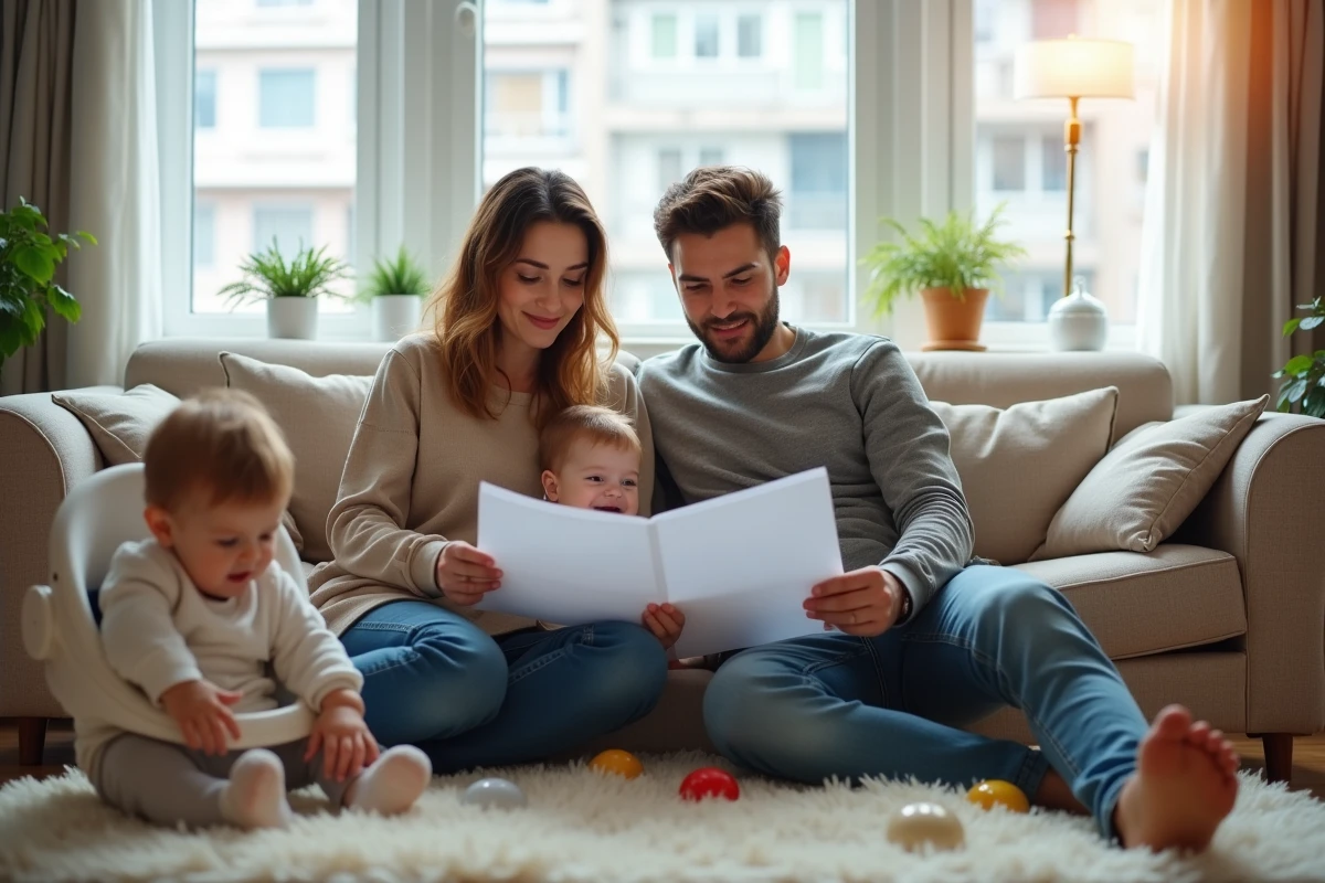 Famille réunie pour examiner des papiers à la maison