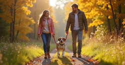 Famille heureuse en plein air avec leur beagle lemon