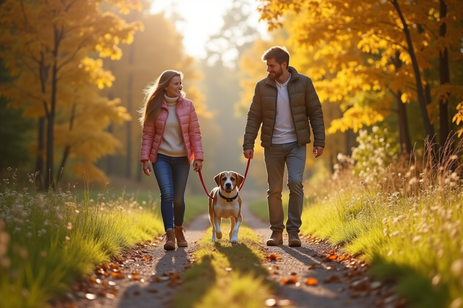Famille heureuse en plein air avec leur beagle lemon