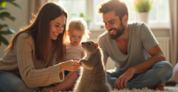 Famille dans un salon lumineux avec un nourrisson curieux