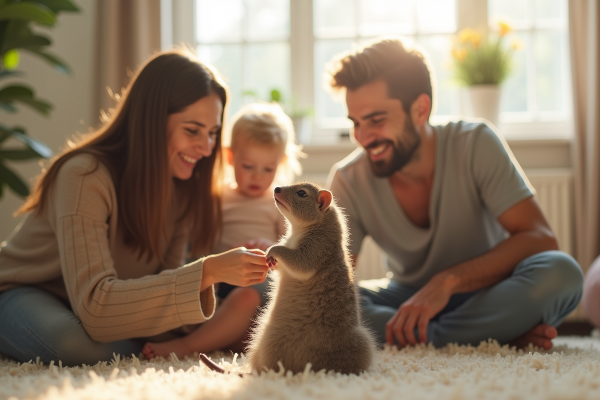 Famille dans un salon lumineux avec un nourrisson curieux