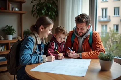 Famille française planifiant vacances avec calendrier