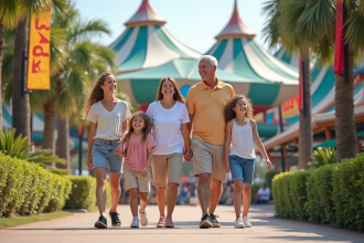Famille multigenerational souriante dans un parc d'attractions