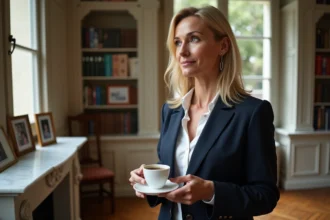 Femme française élégante dans un appartement parisien classique, illustrant un portrait de famille politique française