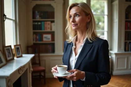 Femme française élégante dans un appartement parisien classique, illustrant un portrait de famille politique française