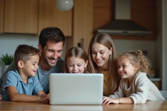 Famille souriante autour d'un ordinateur dans la cuisine