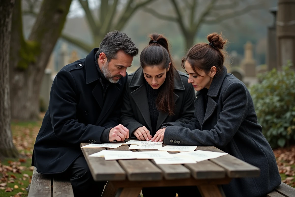 Famille réunie autour d'une table en bois dans un cimetière, consultant des textes hommage pour les funérailles du grand-père
