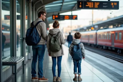 Famille avec enfants consulte un écran à la gare