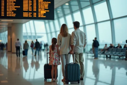 Famille avec une petite fille en bas âge dans un hall d'aéroport regardant le tableau des départs avant un voyage pendant l'école maternelle