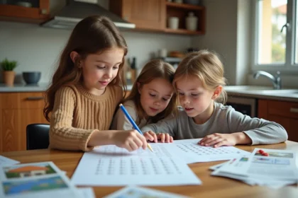 Famille française préparant un voyage avec calendrier scolaire