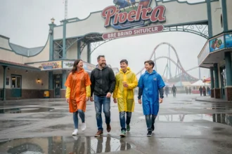 Famille portant des ponchos colorés à l'entrée du parc Walibi Rhône-Alpes sous la pluie