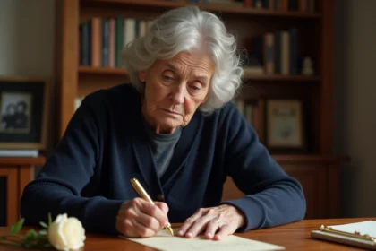 Femme âgée écrivant un message de condoléances pour un grand-père décédé, assise à un bureau en bois avec un stylo plume
