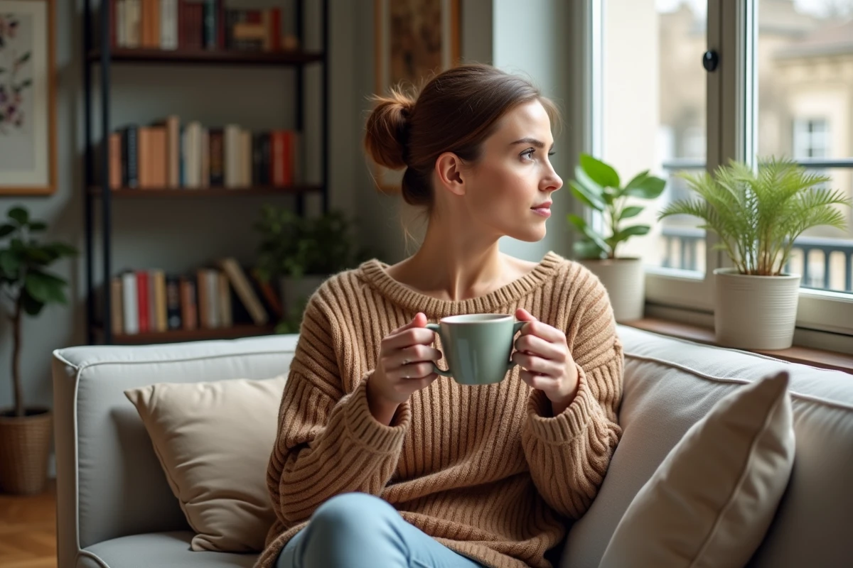 Femme pensive dans un appartement parisien chaleureux tenant une tasse, illustration de la vie intime et du couple d'une personnalité médiatique