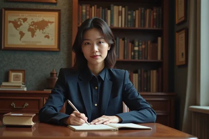 Femme asiatique française écrivant dans un journal dans un bureau