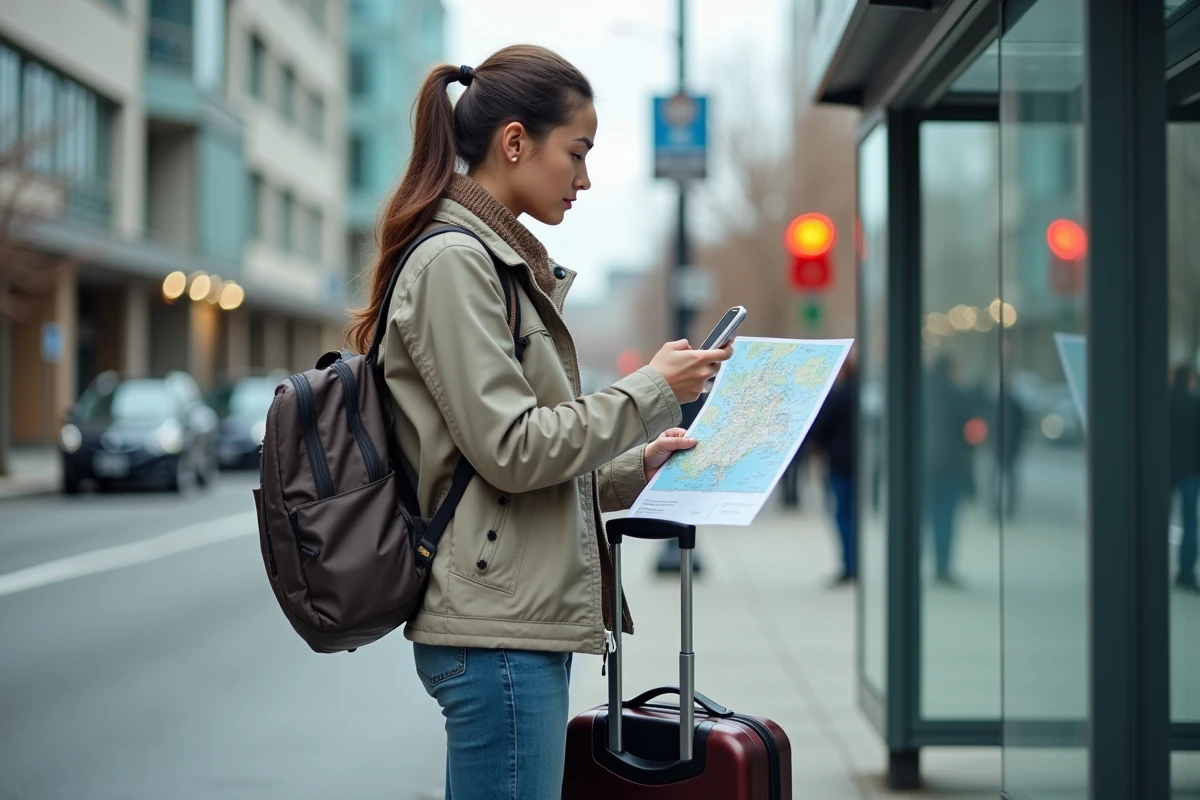 Jeune femme à un arrêt de bus vérifiant ses dates de voyage