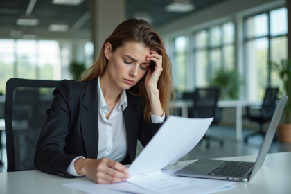 Femme au bureau en tenue professionnelle concentrée sur ses documents