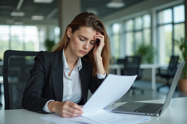 Femme au bureau en tenue professionnelle concentrée sur ses documents