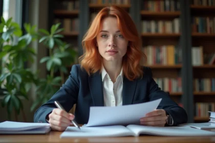 Femme en bureau lisant des documents avec un blazer bleu