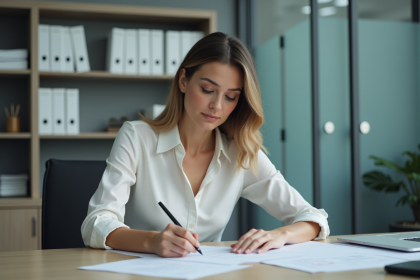 Femme en bureau administratif remplissant un formulaire