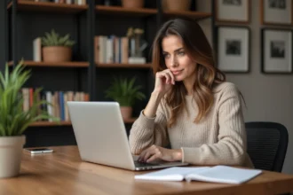 Femme assise à un bureau moderne en intérieur
