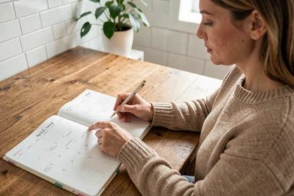 Femme consultant un calendrier papier semaine paire impaire 2026 à la table de cuisine