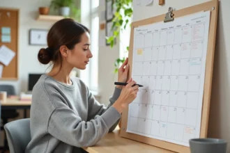Femme organisant son planning sur un calendrier papier semaines paires et impaires dans un bureau à domicile