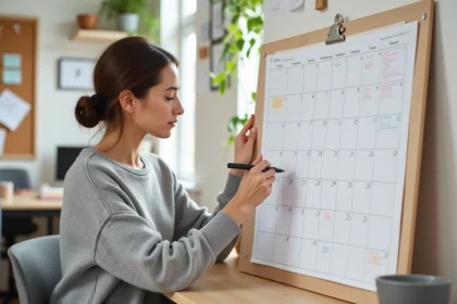 Femme organisant son planning sur un calendrier papier semaines paires et impaires dans un bureau à domicile