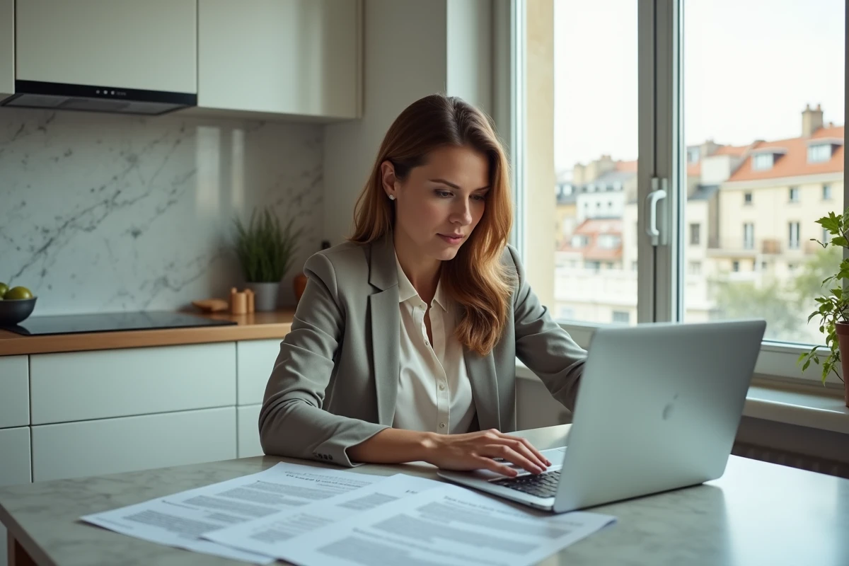 Femme consultant seule les droits du conjoint prévus par le Code civil sur des documents imprimés et un ordinateur portable