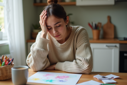 Femme assise à la cuisine regardant le dessin de son enfant
