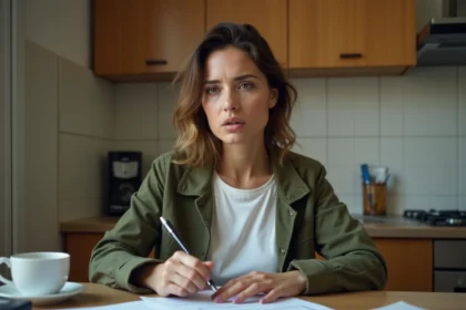 Femme précaire consultant des documents CAF à sa table de cuisine, aide sociale 2026