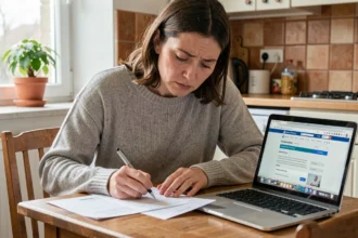 Femme remplissant un dossier de demande d'aide financière à la CAF à son domicile