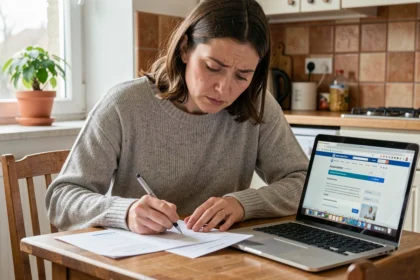 Femme remplissant un dossier de demande d'aide financière à la CAF à son domicile