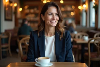 Femme élégante souriante dans un café parisien, illustration d'un article sur la vie de couple de Juliette Plumecocq-Mech