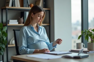 Femme enceinte dans un bureau moderne et lumineux