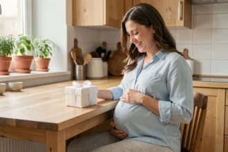 Femme enceinte souriante recevant un cadeau gratuit à domicile pendant sa grossesse